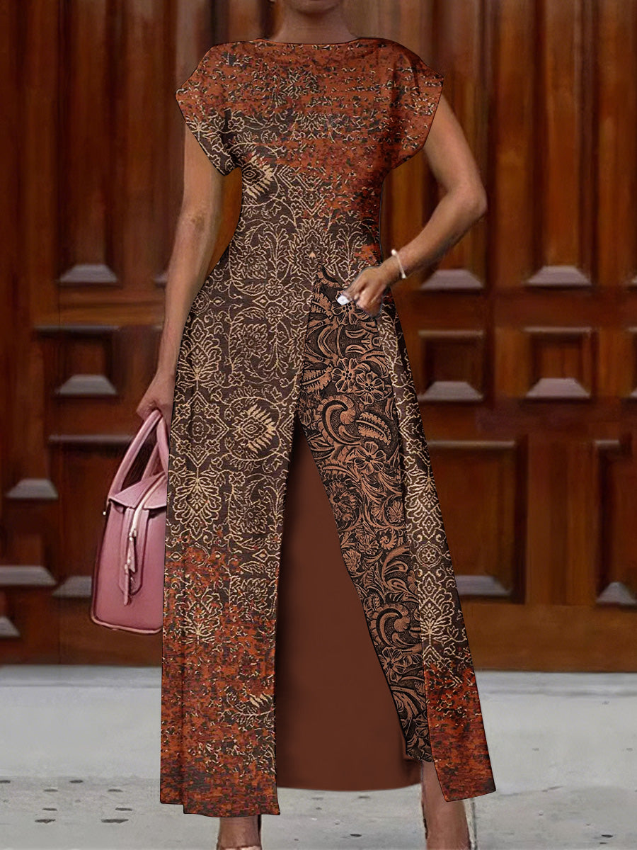 Retro Boho Floral Art Print Vintage Long Split Shirts Dress Skinny Pants Two-Piece Set
